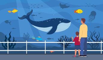 Parent and kid watching underwater scenery with sea animals in oceanarium. Underwater fauna with fish, seaweed, whale, jellyfish. Marine world representatives. Oceanarium visitors. . vector