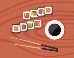 Sushi on wooden board with sushi chopsticks and soy sauce. Sushi illustration with trout fish, salmon and caviar. Sushi set. illustration. vector