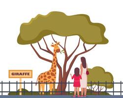 Giraffe on territory of wildlife zoo park surrounded by fence. Parent and kid watching animals in zoo park. illustration. vector
