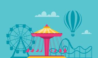 Amusement park composition with outdoor scenery and view of carousel, rollercoaster and ferris wheel. illustration. vector
