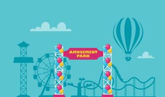Amusement park composition with outdoor scenery and view of circus, rollercoaster and ferris wheel. illustration. vector
