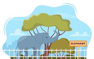 Elephant on territory of wildlife zoo park surrounded by fence. illustration. vector