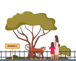 Monkey on territory of wildlife zoo park surrounded by fence. Parent and kid watching animals in zoo park. illustration. vector