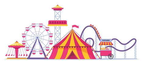 Amusement park composition with outdoor scenery and view of circus, rollercoaster and ferris wheel. illustration. vector