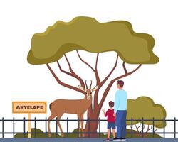Antelope on territory of wildlife zoo park surrounded by fence. Parent and kid watching animals in zoo park. illustration. vector