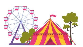 Amusement park composition with outdoor scenery and view of circus and ferris wheel. illustration. vector