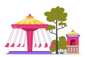 Wave swinger carousel ride with seats hanging on chains in amusement carnival park. Festive fair recreation entertainment attraction. illustration. vector