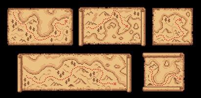 Pixel maps, pirate treasure paper scrolls, game UI vector