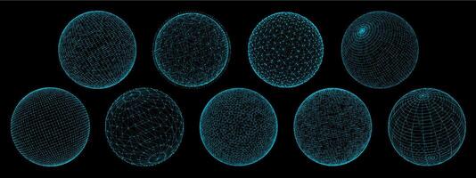 3d sphere globe, grid and wireframe, network balls vector