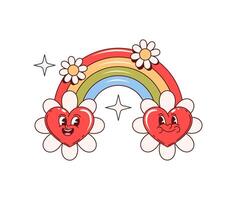 Retro y2k groovy love rainbow and heart characters vector