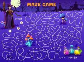 Halloween labyrinth game, help witch find potion vector