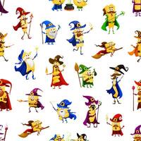 Cartoon Halloween pasta wizard characters pattern vector