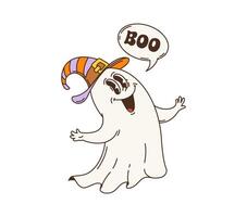 Cartoon groovy Halloween ghost character with boo vector
