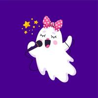 Halloween kawaii ghost singing with microphone vector
