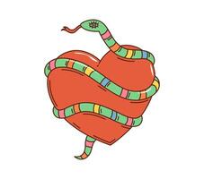 Cartoon retro groovy snake with heart, 70s hippie vector
