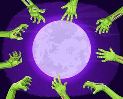 Halloween midnight moon, zombie hands from grave vector