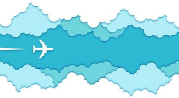 Top view paper cut plane in sky clouds, 3d vector