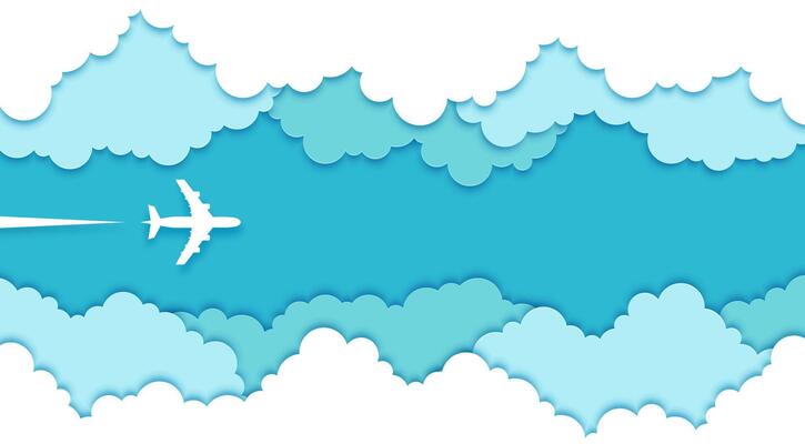 Top view paper cut plane in sky clouds, 3d