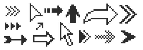 A set of pixel arrows, a double arrow, a mouse pointer. 8-bit pointers for game assets. illustration. vector