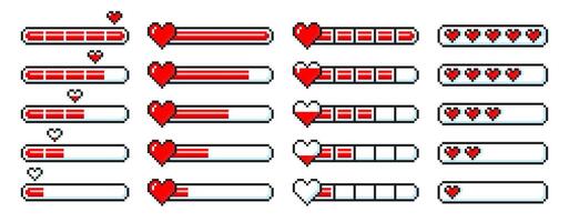 Pixel game life bar with heart for animation. 8-bit progress bar for game assets. illustration. vector