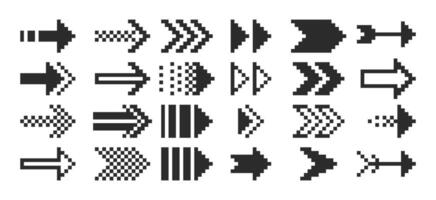 A set of pixel arrows, a double arrow, a mouse pointer. 8-bit pointers for game assets. illustration. vector
