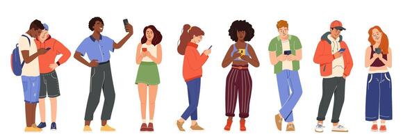 Set of young characters using mobile phone, chatting, scrolling, surfing internet Smartphone social network communication concept illustration youth men and women holding, looking at smartphone vector