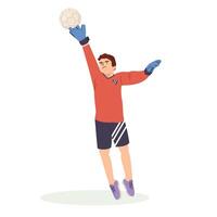 A teenage football goalkeeper in a red sports shirt caught a soccer ball in a jump. Kid athlete plays football, dynamic practicing. Cartoon illustration in flat style isolated. vector