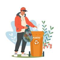 Young man throwing out plastic waste, sorting garbage. Boy separating trash to promote cleanliness and sustainability. illustration for environment and ecology protection concept vector