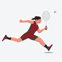 design illustration of a girl with a full swing playing badminton, red clothes with green combination seams vector