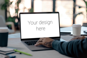 Mockup of gray laptop on table. Man working with laptop. Back view psd