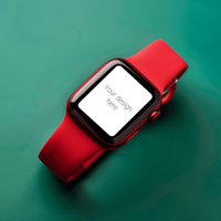 Mockup of black smart watch with red strap on green background psd
