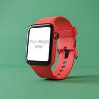 Mockup of black smart watch with red strap on green background psd
