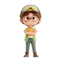 3D illustration of a cartoon character with glasses and a safety vest, childlike figure with goggles and boots on white background. png