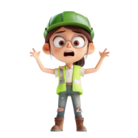 Cute animated engineer character with green helmet, protective vest, and glasses expressing surprise on a white background. png