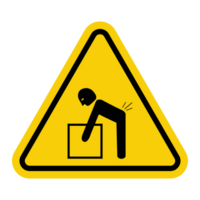 Sign is a heavy object. Don't wear it alone. Alerts to take precautions to avoid back injuries. Use correct lifting techniques or aids. Warning yellow triangular sign. png