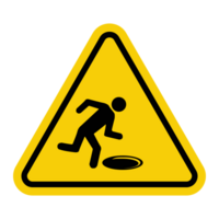 Pit sign. Open hatch sign. Warning about the presence an open hole, hatch or other depression the path. You should be especially careful and careful to avoid falling. Warning yellow triangular sign. png