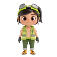Cute animated character of a construction worker with safety gear and goggles, standing with a friendly smile and ready to work. png
