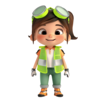 Cute cartoon girl in construction attire with safety vest and goggles, standing confidently and smiling. Adorable and ready for any project. png