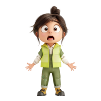 Cute animated character with surprised expression, wearing green outfit, standing against a plain background. png
