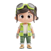 3D rendered cartoon character of a young girl in a green vest and goggles standing confidently with a smile on a white background. png