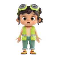 Animated child character with goggles and green vest, expressing surprise on a white background. png