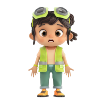 Cartoon character with a surprised expression, wearing a green vest and goggles, isolated on a white background. png