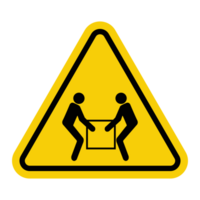 Sign two people lift load. Avoid injuries caused by improper lifting heavy objects. Lift heavy objects using two people to prevent injury and ensure safety work. Warning yellow triangular road sign. png