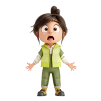 Animated child character with surprised expression, wearing green vest and pants, standing on white background. png