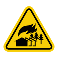 Fire sign. Danger of large fire. The sign is used in areas where there is a high probability of large fires such as forests. Warning yellow triangular sign. png