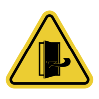 Keep door closed sign. Make sure door is closed after going through it. Ensuring safety, maintaining temperature conditions, preventing spread of smoke or fire. Warning yellow triangular sign. png