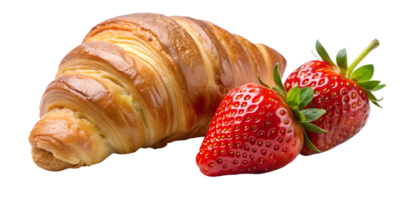Croissants on a white isolated background, front view. Serve yourself a delicious croissant with whole strawberries, suitable for menu design, restaurants, bakeries. French classics . png