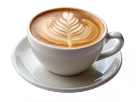 Close up shot of hot latte coffee with latte art in a ceramic white cup and saucer on white background with clipping path. png