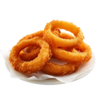 Plate of Crispy Onion Rings Isolated on Transparent Background. Concept of Fried Snacks and Appetizers. png