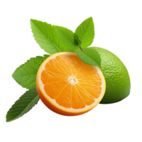 Halved Orange and Lime with Mint Leaves Isolated on Transparent Background. Concept of Fresh Citrus Fruits and Healthy Eating. png